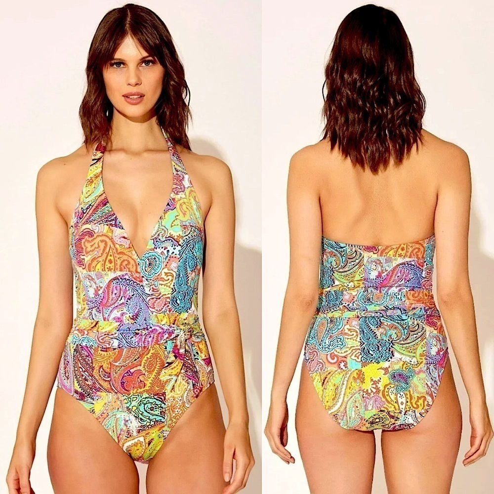 Bleu Rod Beattie Bohemian Paradise Halter One Piece Paisley Boho Swimsuit Sz 12